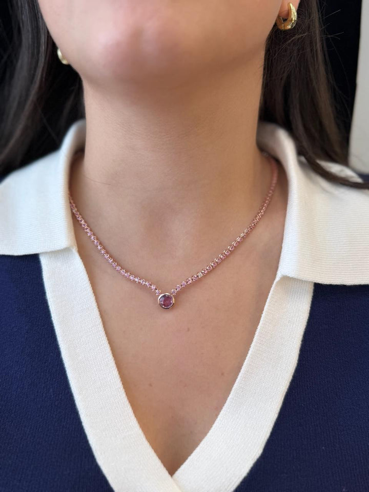 9.5CT T.W Round Cut Crown Prong Natural Pink Sapphire Tennis Necklace with Round Bezel Pendant