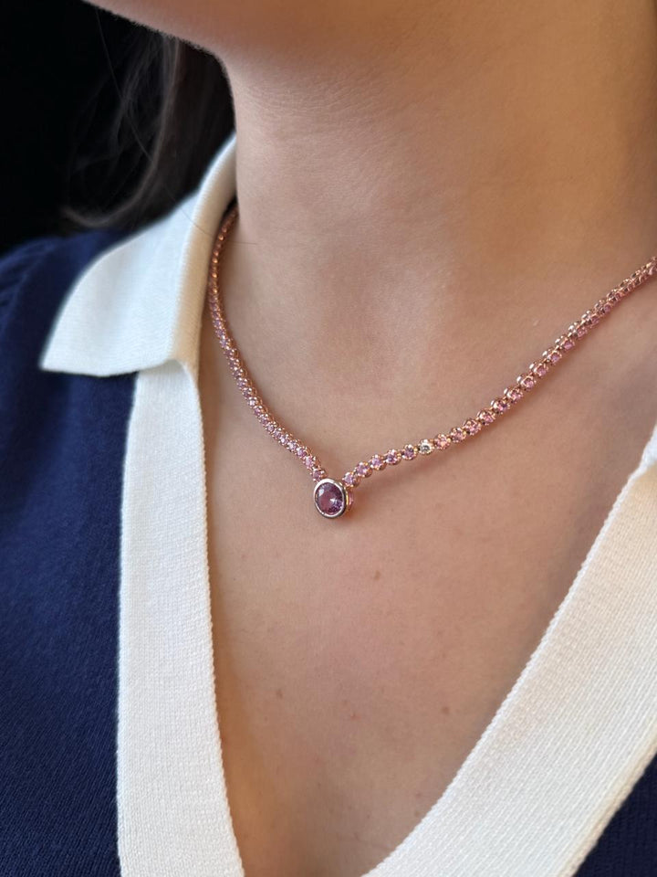 9.5CT T.W Round Cut Crown Prong Natural Pink Sapphire Tennis Necklace with Round Bezel Pendant