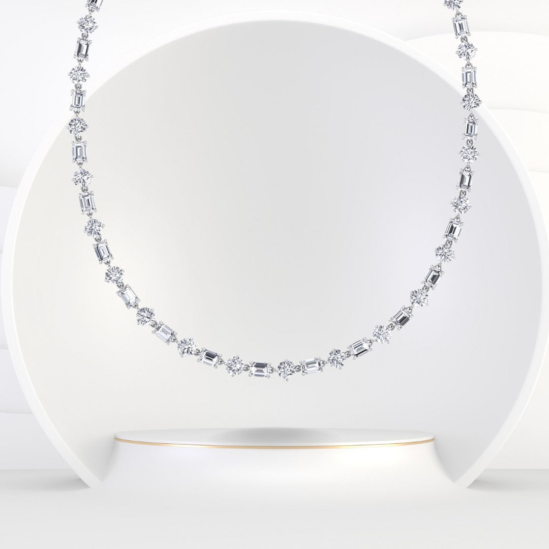 Alternating Emerald and Round Natural Diamond Tennis Necklace
