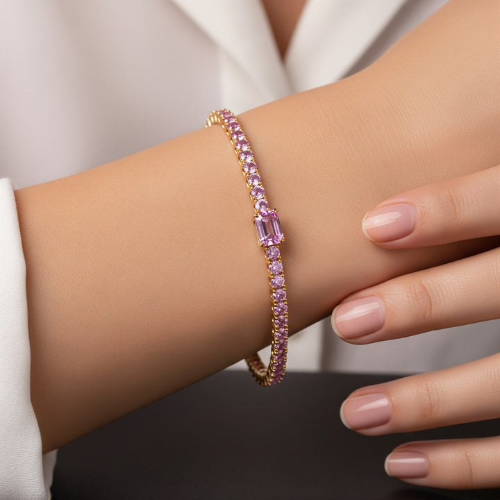 Pierra - Single Stone Emerald Shape Natural Pink Sapphire Tennis Bracelet