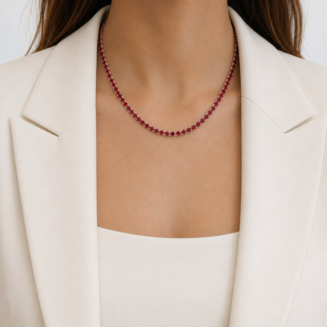 Round Cut Natural Red Ruby Tennis Necklace 14K Solid Gold