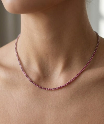 Round Cut Natural Red Ruby Tennis Necklace 14K Solid Gold