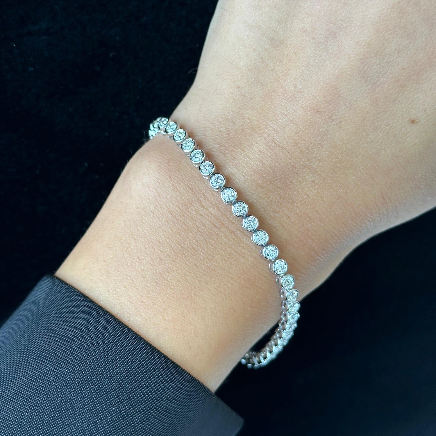 Bezel Set Natural Diamond Tennis Bracelet 14K Solid Gold