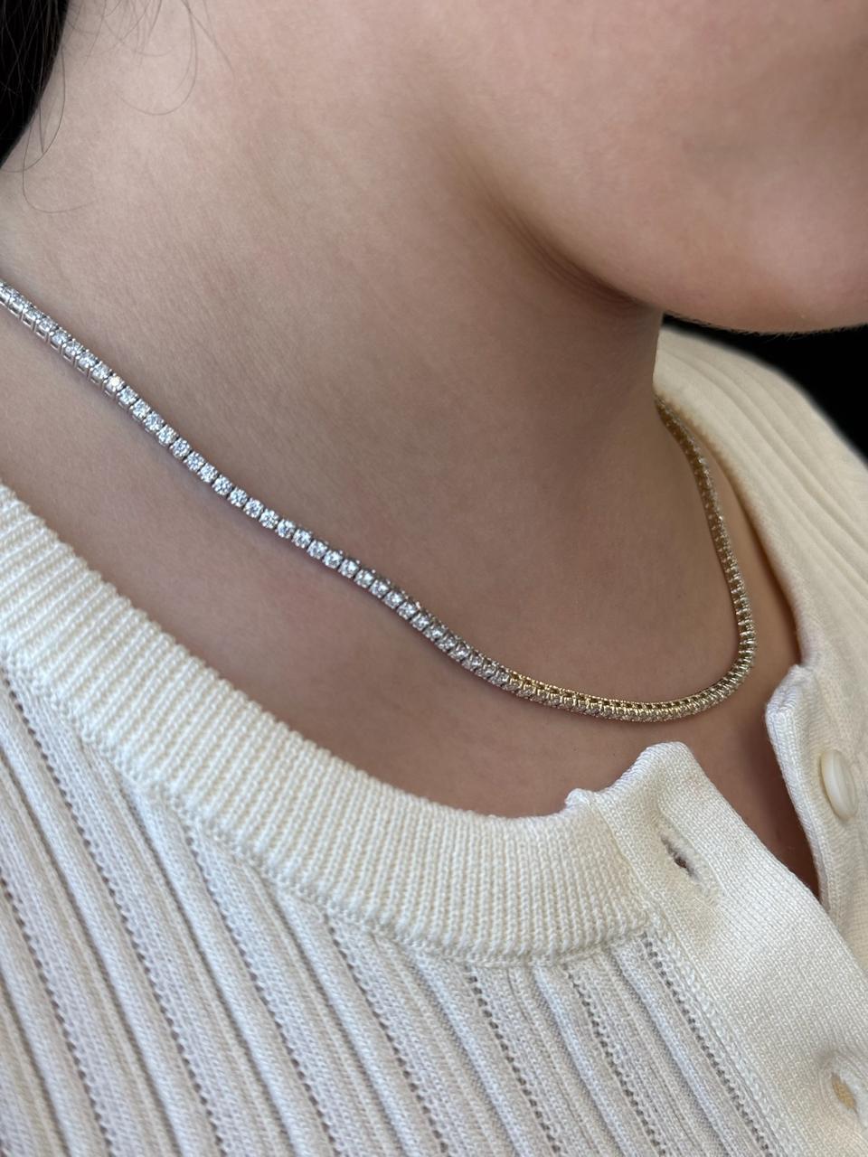 4 Prong Natural Diamond Two Tone Tennis Necklace 14K Solid Gold