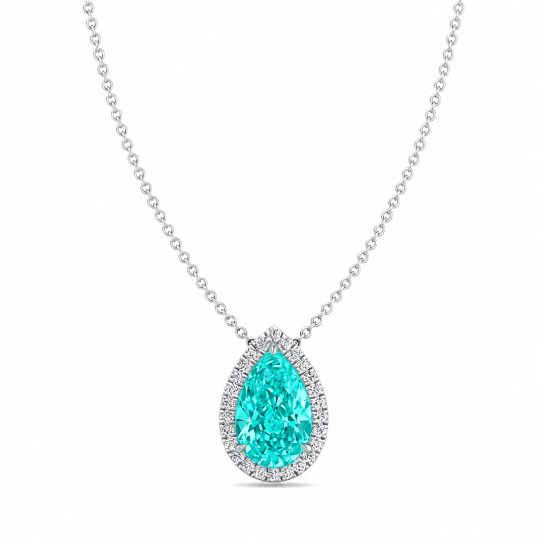 Pear Shape Halo Natural Paraiba Tourmaline Pendant White Gold 18K