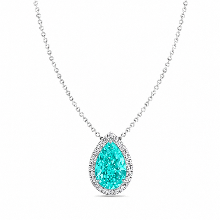 Pear Shape Halo Natural Paraiba Tourmaline Pendant White Gold 18K