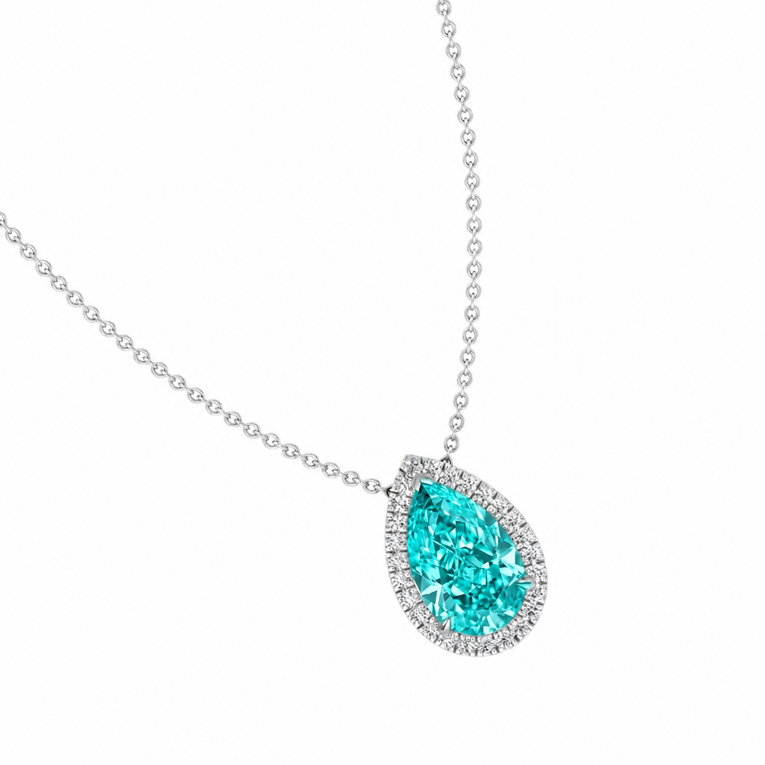 Pear Shape Halo Natural Paraiba Tourmaline Pendant White Gold 14K