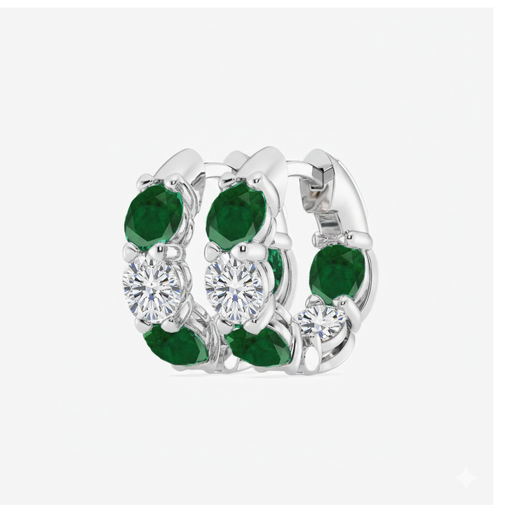 White Gold Round Green Emerald Natural Diamond Earrings side view