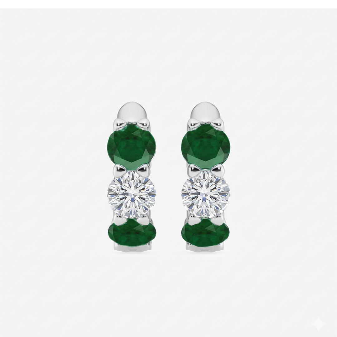 White Gold Round Green Emerald Natural Diamond Earrings2