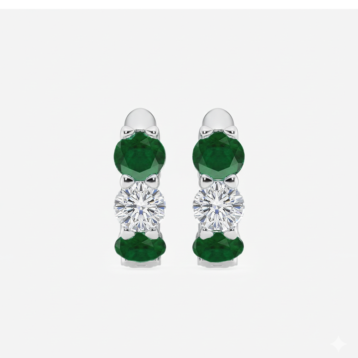 White Gold Round Green Emerald Natural Diamond Earrings2