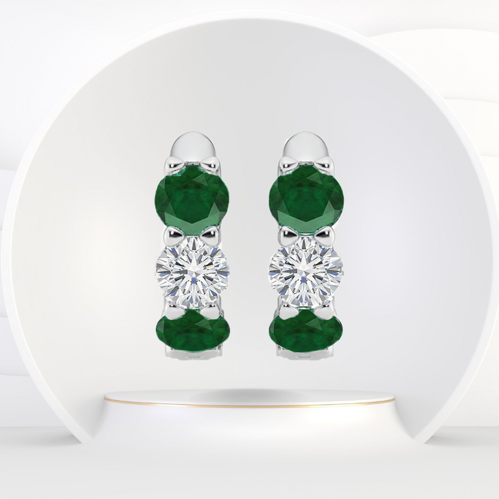 White Gold Round Green Emerald Natural Diamond Earrings
