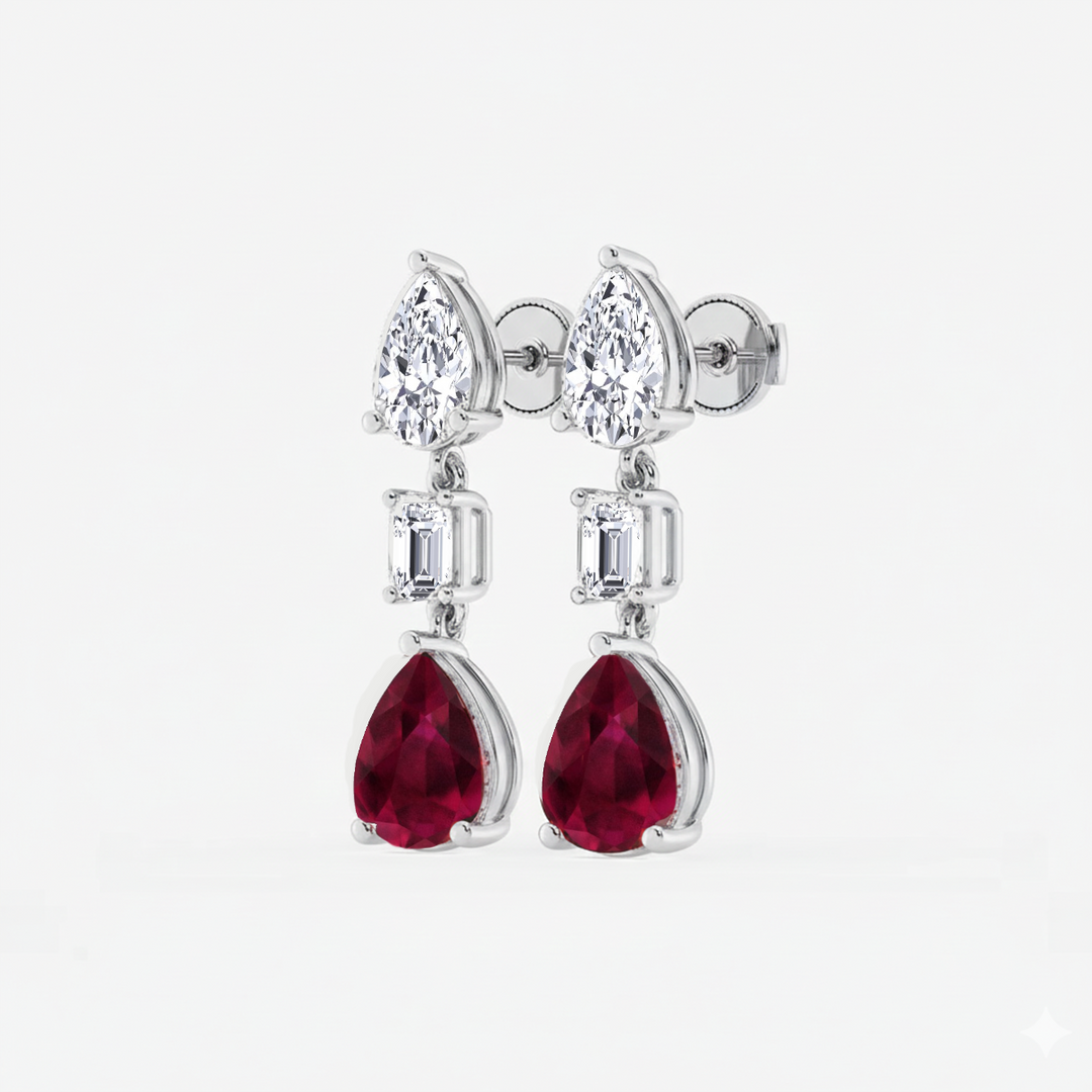 White Gold Pear Shape Ruby Natural Diamond Drop Earring side view
