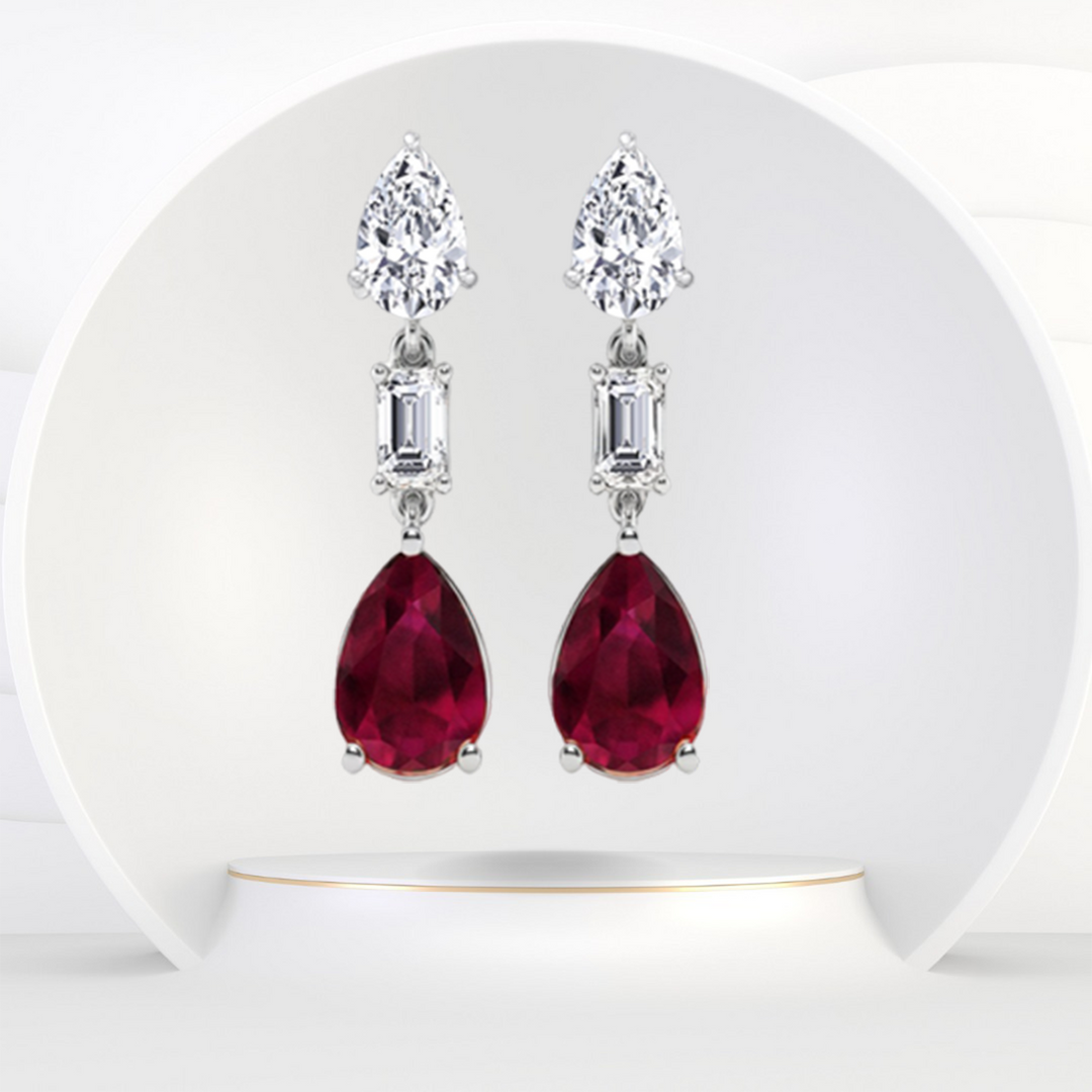 Pear Cut Red Ruby & Natural Diamond With Emerald Cut Diamond Halo Drop Earrings