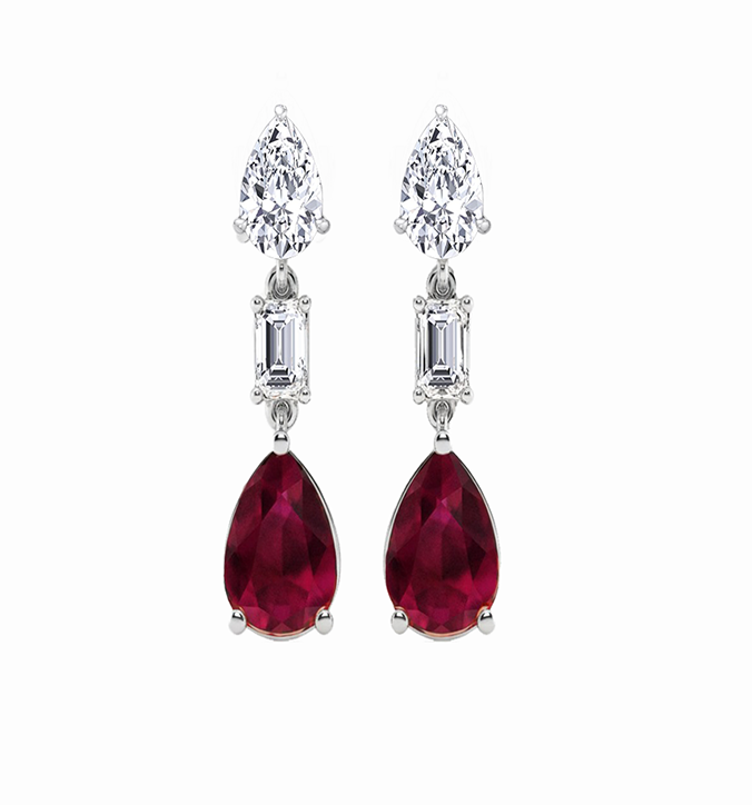 Pear Cut Red Ruby & Natural Diamond With Emerald Cut Diamond Halo Drop Earrings