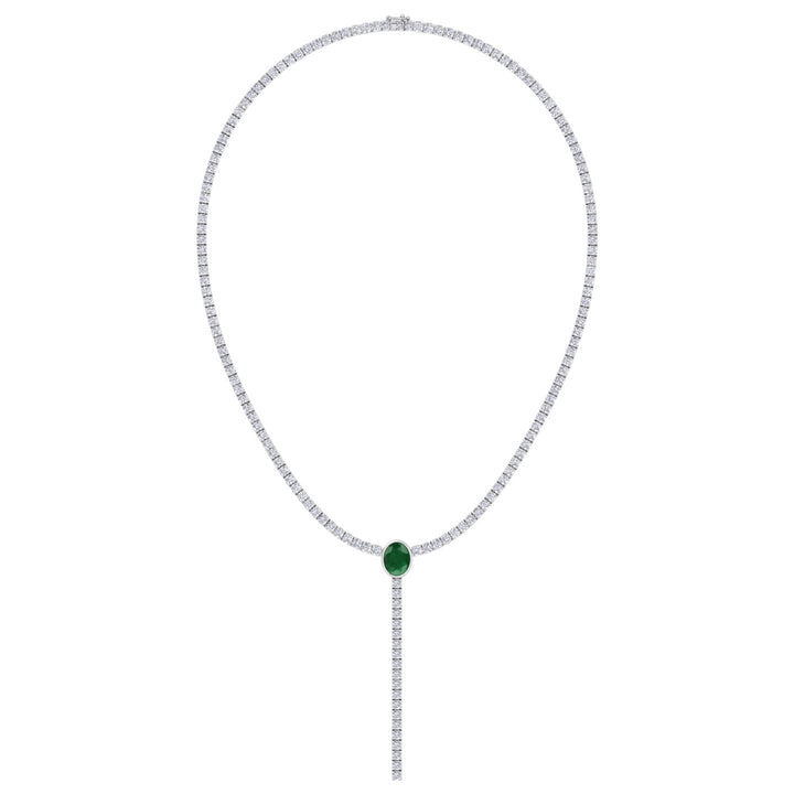 10.50CT T.W Round Natural Diamond Lariat Tennis Necklace with Natural Green Emerald Centerpiece