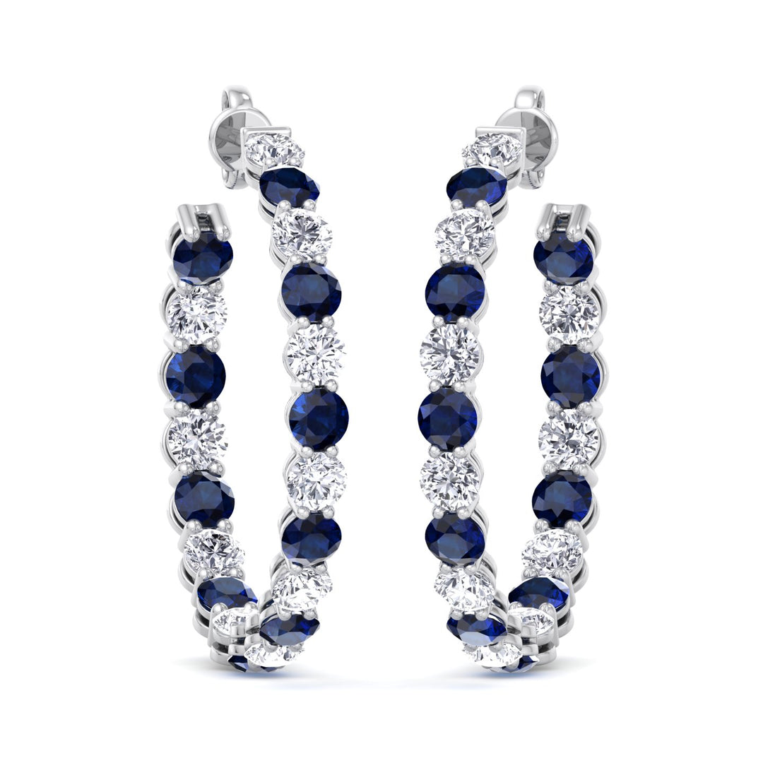 Alternating Natural Blue Sapphire and Diamond Inside Out Hoop Earrings White Gold 14K 18K