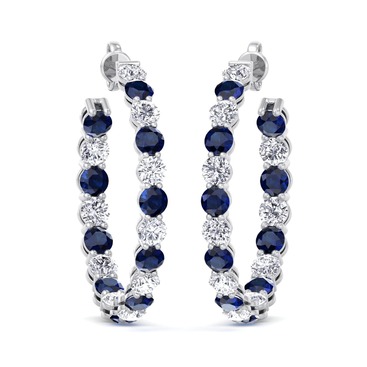 Alternating Natural Blue Sapphire and Diamond Inside Out Hoop Earrings White Gold 14K 18K
