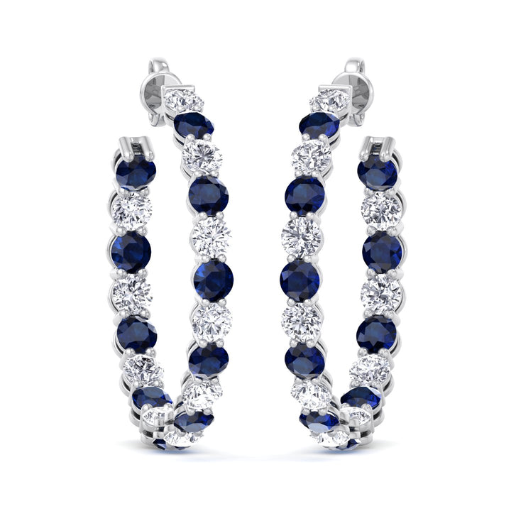 Alternating Natural Blue Sapphire and Diamond Inside Out Hoop Earrings White Gold 14K 18K