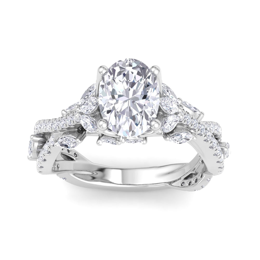 Fiorella - Oval Shape Diamond Engagement Ring with Marquise Shape Side stones and Twisted Pave Band
