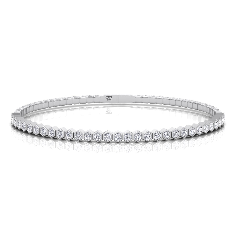 Hexagonal Bezel Set Natural Diamond Flexible Bangle White Gold 14K 18K