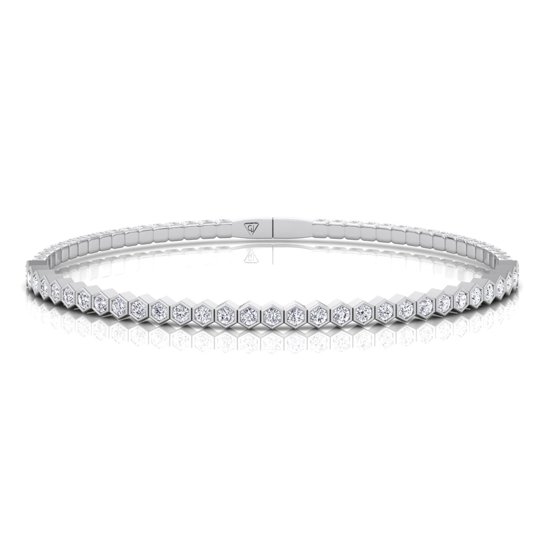 Hexagonal Bezel Set Natural Diamond Flexible Bangle White Gold 14K 18K