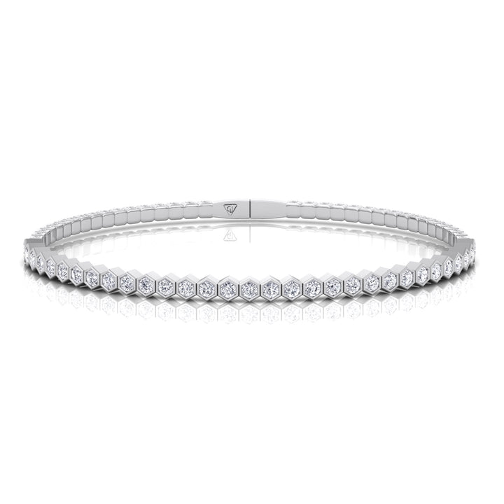 Hexagonal Bezel Set Natural Diamond Flexible Bangle White Gold 14K 18K