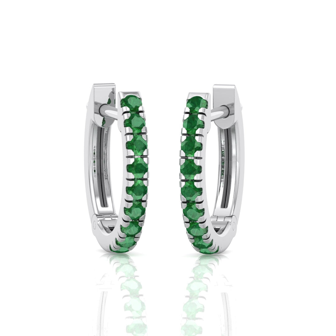 Natural Green Emerald Round Shape Huggie Hoop Earrings White Gold 14K