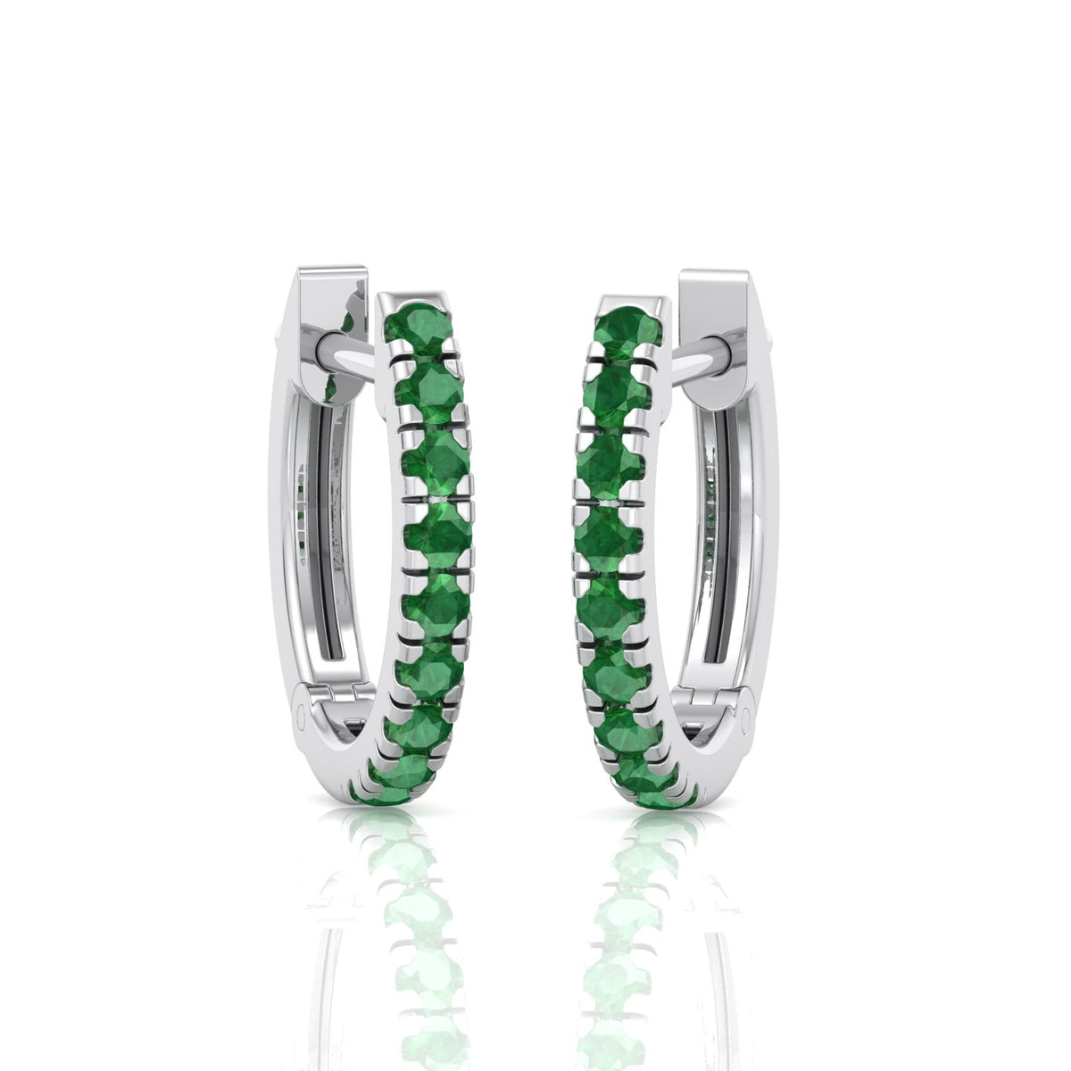 Natural Green Emerald Round Shape Huggie Hoop Earrings White Gold 14K