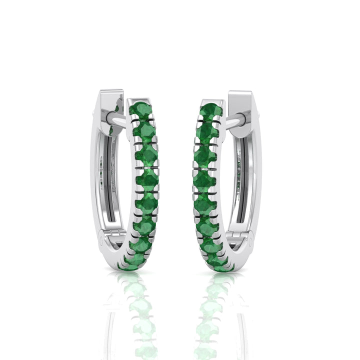 Natural Green Emerald Round Shape Huggie Hoop Earrings White Gold 14K