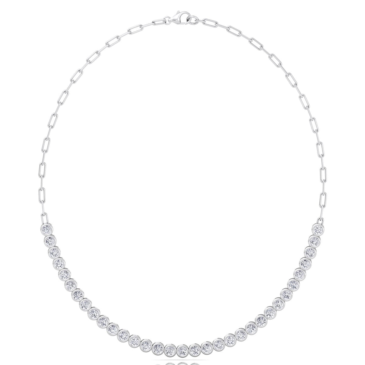 Paper Clip and Bezel Set Diamond Tennis Necklace-4CT-8CT-14K- All White Gold