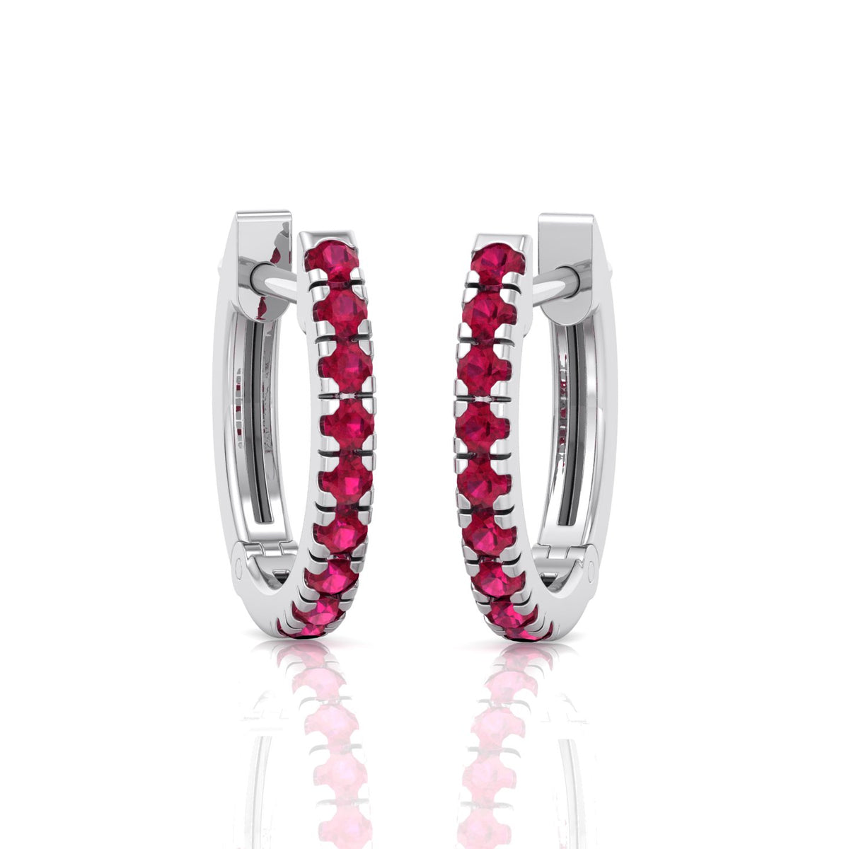 Natural Red Ruby Round Shape Huggie Hoop Earring White Gold