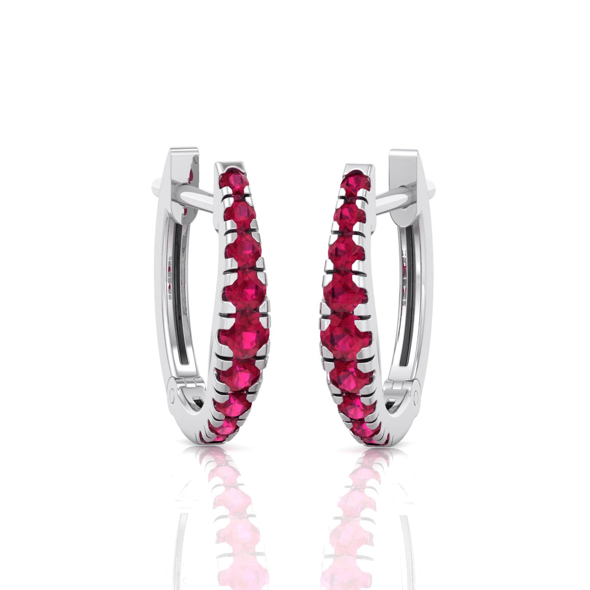 Natural Red Ruby Graduated Round Shape Huggie Hoop Earrings WG