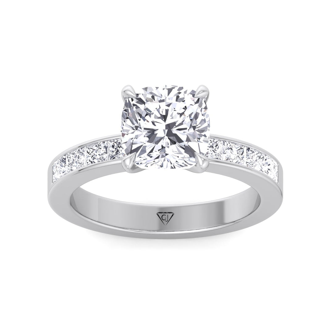 Evalina - Cushion Shape Diamond Engagement Ring with Princess Cut Side Stones