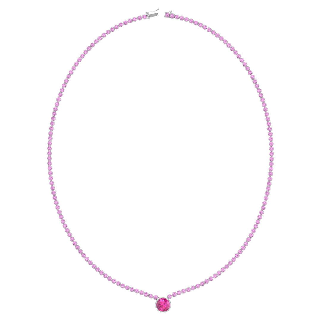 9.5CT T.W Round Cut Crown Prong Natural Pink Sapphire Tennis Necklace with Round Bezel Pendant