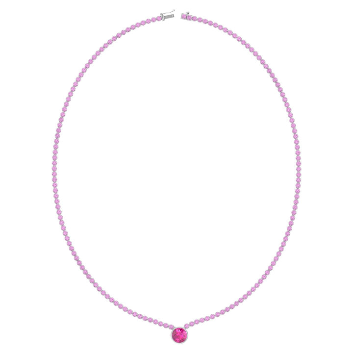 9.5CT T.W Round Cut Crown Prong Natural Pink Sapphire Tennis Necklace with Round Bezel Pendant