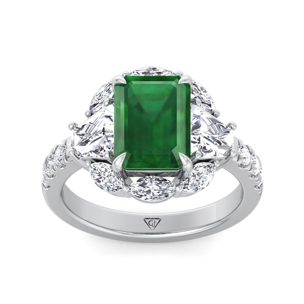 Anzola - Emerald Shape Green Emerald Engagement Ring with Marquise, Trapezoid, and Round Side Stones - Gem Jewelers Co
