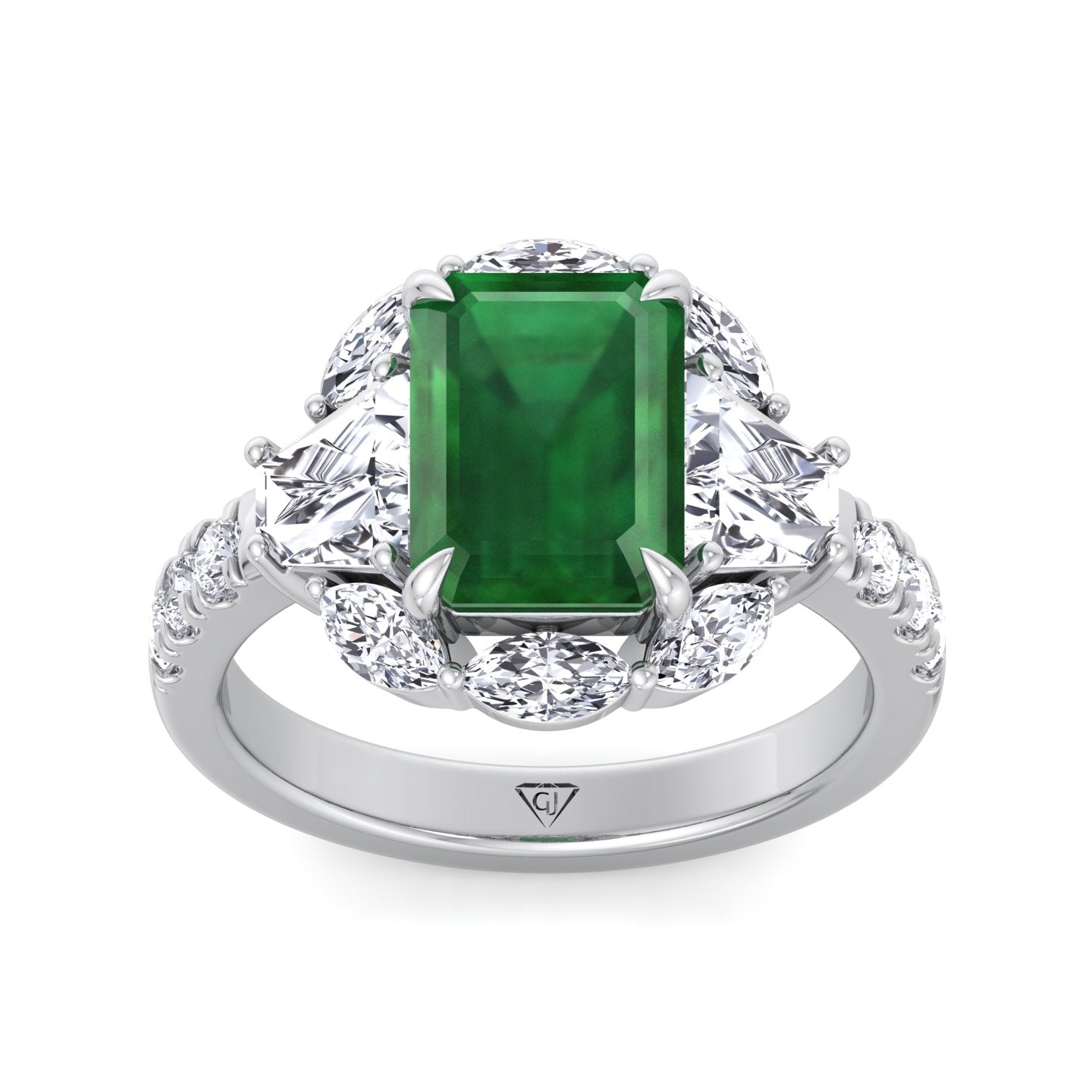 Anzola - Emerald Shape Green Emerald Engagement Ring with Marquise, Trapezoid, and Round Side Stones - Gem Jewelers Co