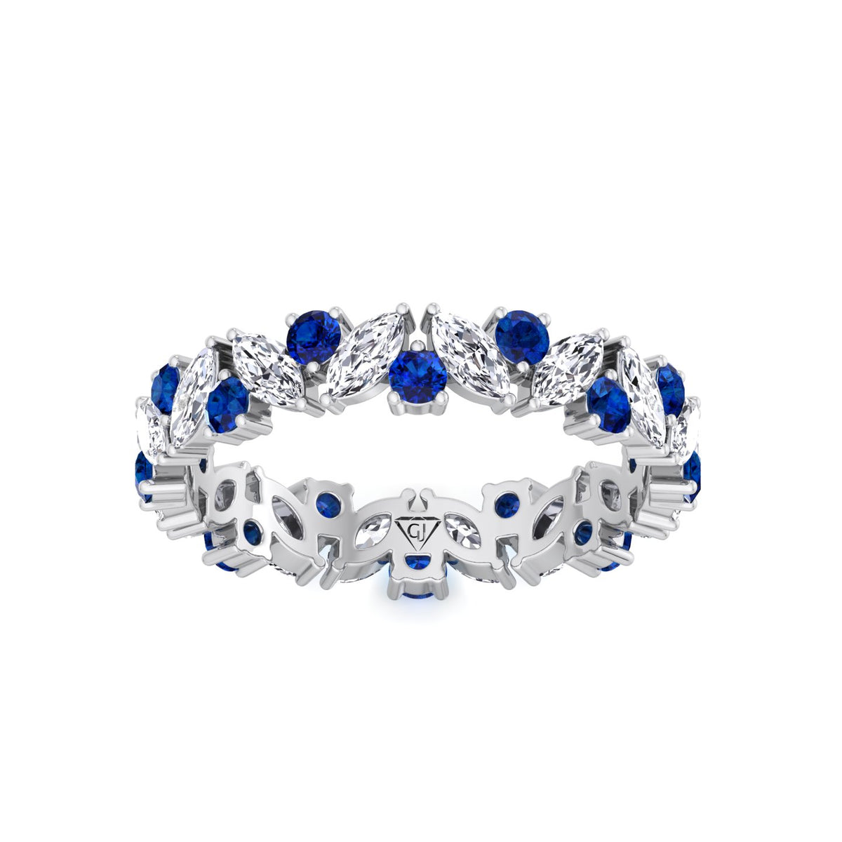 Round Natural Blue Sapphire and Marquise-Cut Natural Diamond Eternity Band WG2