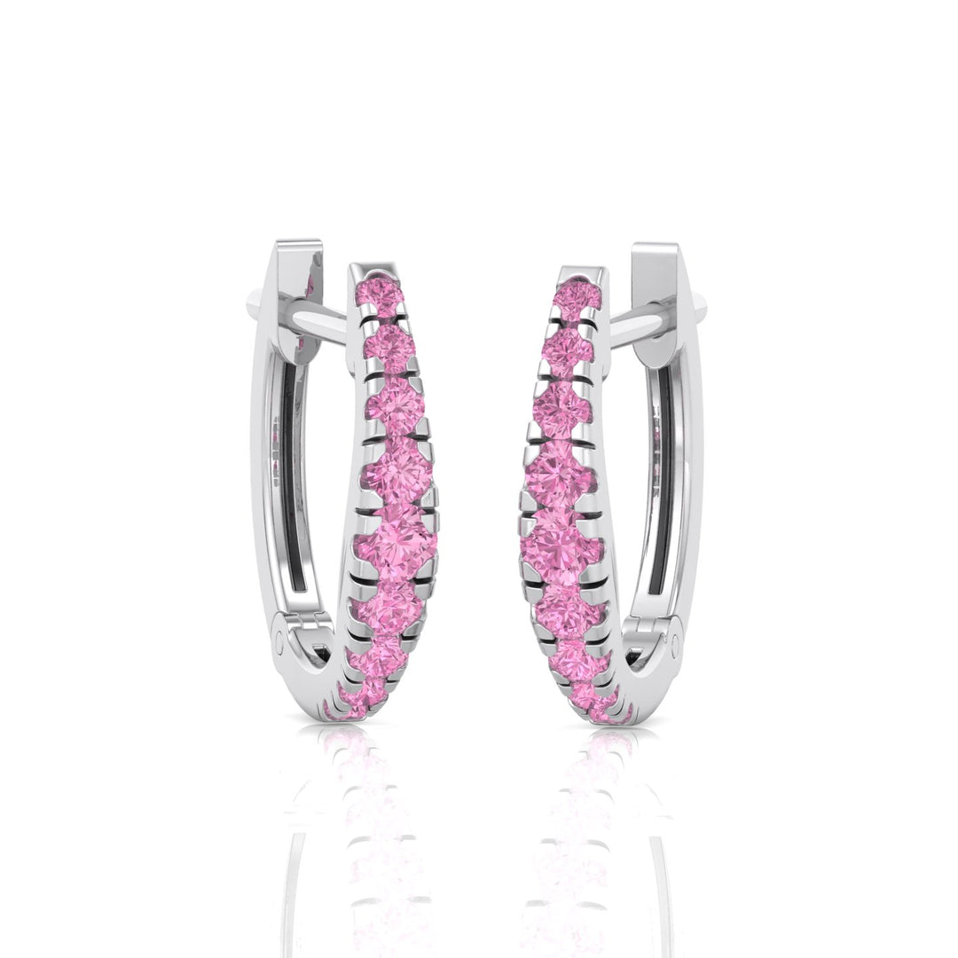Natural Pink Sapphire Graduated Round Shape Huggie Hoop Earrings WG 2