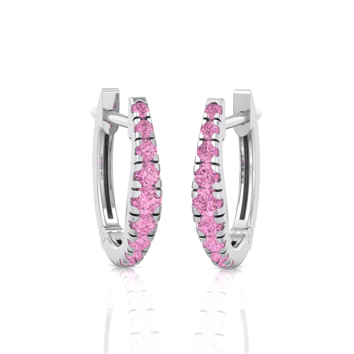Natural Pink Sapphire Graduated Round Shape Huggie Hoop Earrings WG 2