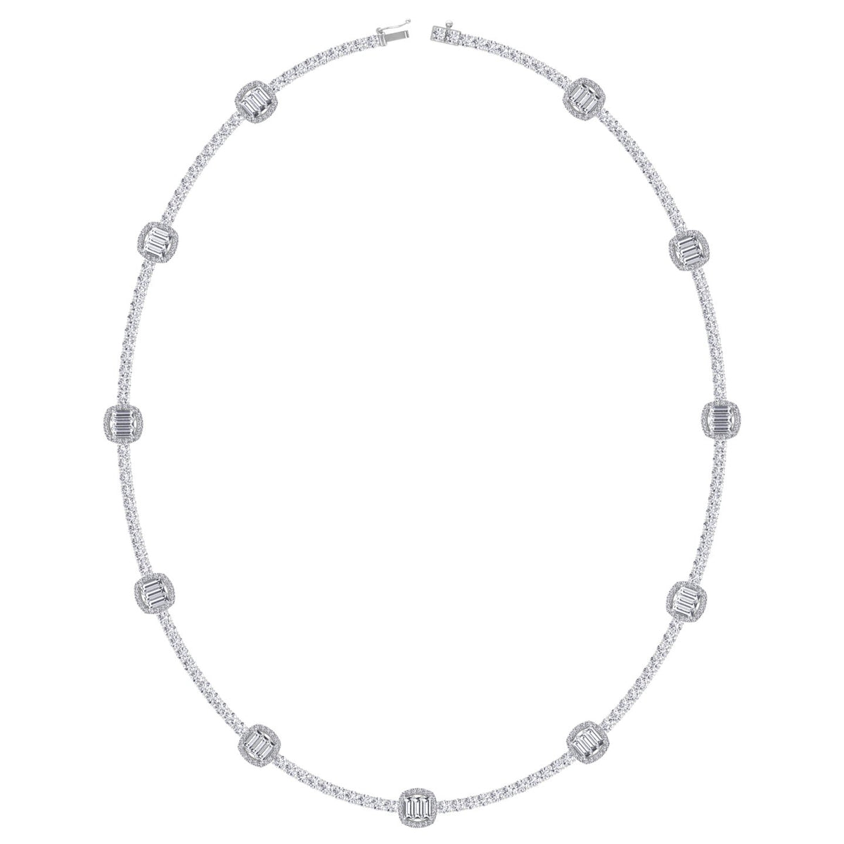 Emerald Shape Halo Station Natural Diamond Tennis Necklace in 14K Solid Gold White Gold 14K 18K