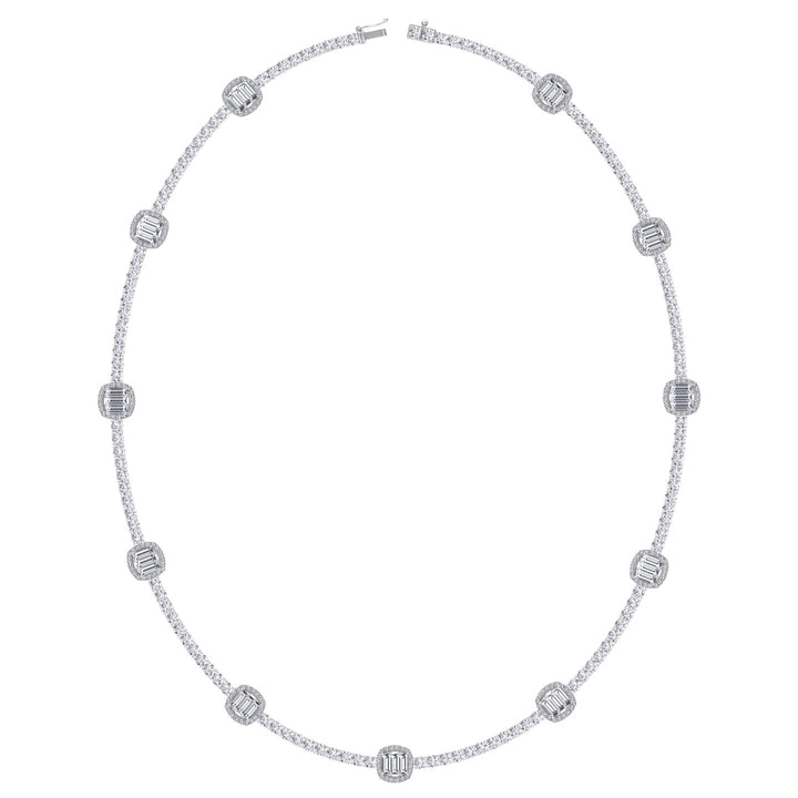 Emerald Shape Halo Station Natural Diamond Tennis Necklace in 14K Solid Gold White Gold 14K 18K