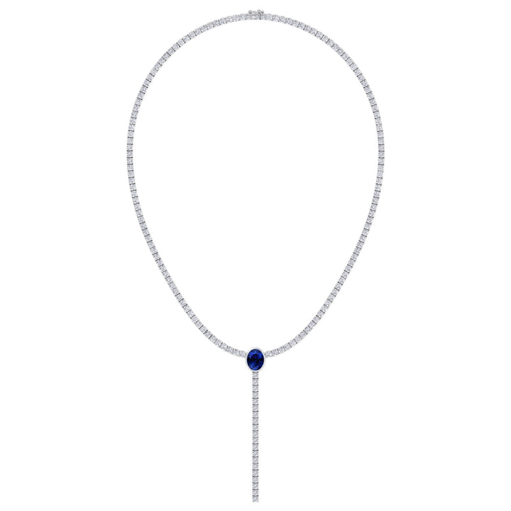 10.50CT T.W Round Natural Diamond Lariat Tennis Necklace with Natural Blue Sapphire Centerpiece