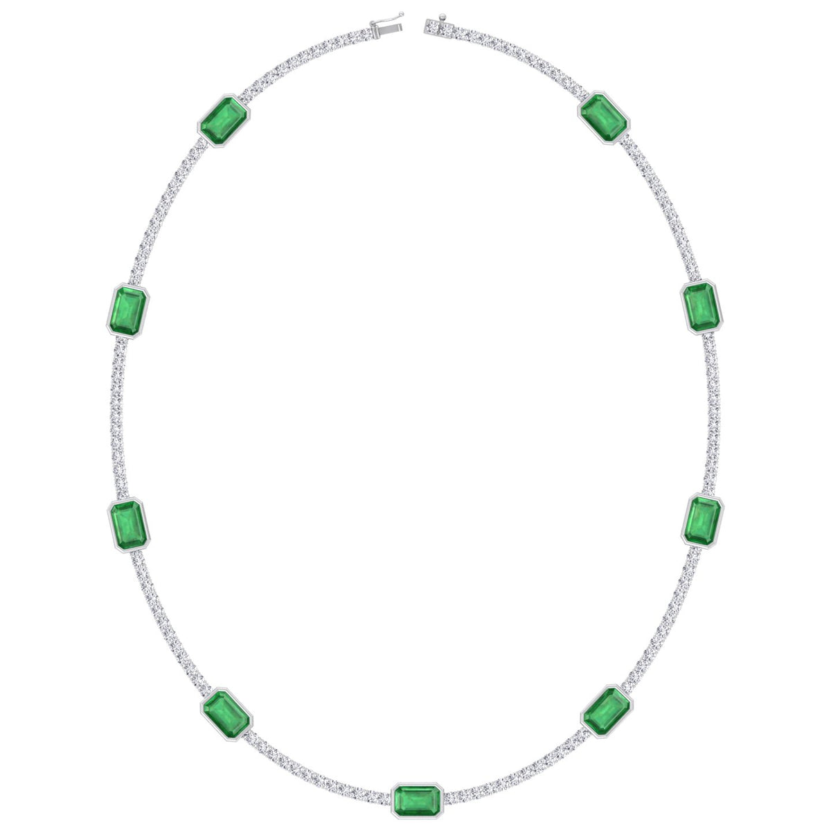 natural-diamond-green-emerald-station-tennis-necklace-18K-white-gold