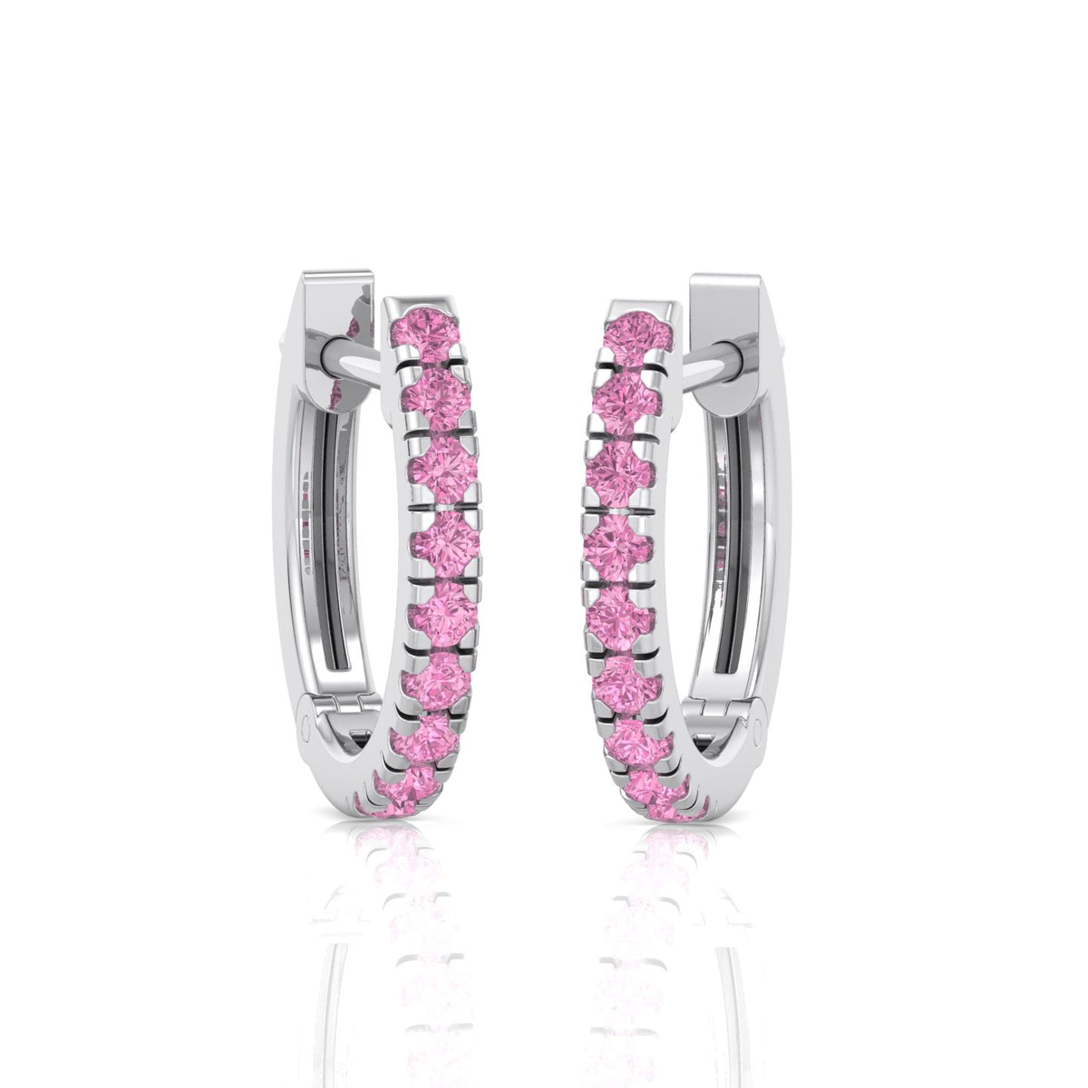 Natural Pink Sapphire Round Shape Huggie Hoop Earrings White Gold 18K