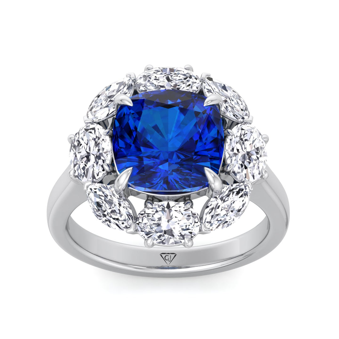 Valeria - Cushion Shape Blue Sapphire Engagement Ring With Oval and Marquise Diamond Side Stones