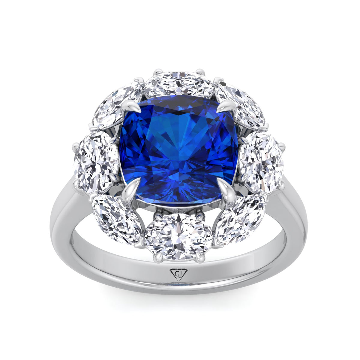 Valeria - Cushion Shape Blue Sapphire Engagement Ring With Oval and Marquise Diamond Side Stones - Gem Jewelers Co