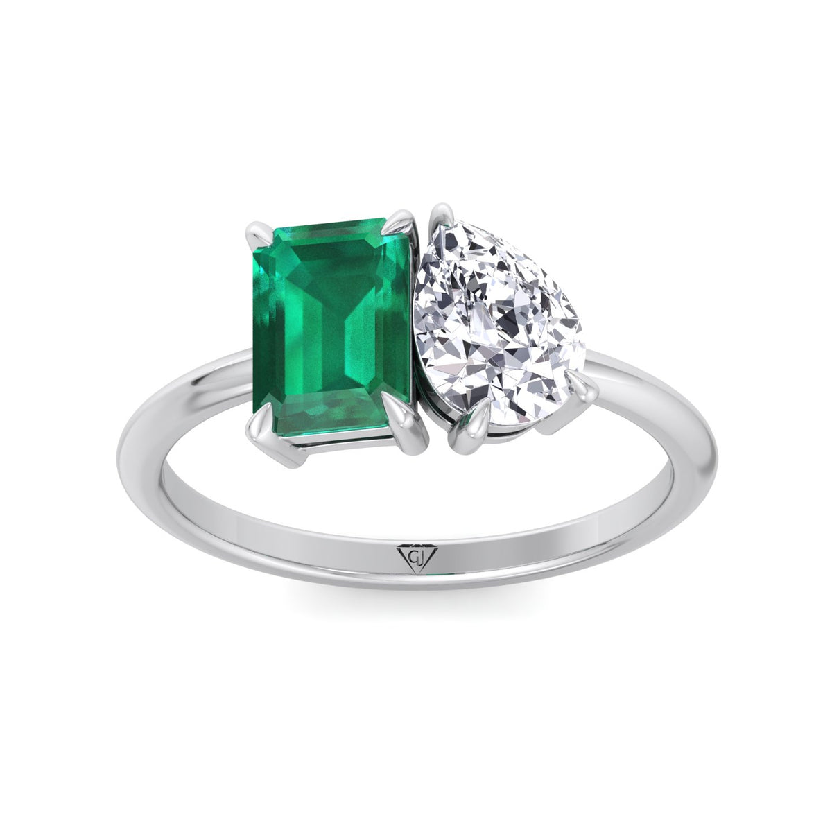 Demi - Toi et Moi Green Emerald & Pear Cut Diamond Engagement Ring - Gem Jewelers Co