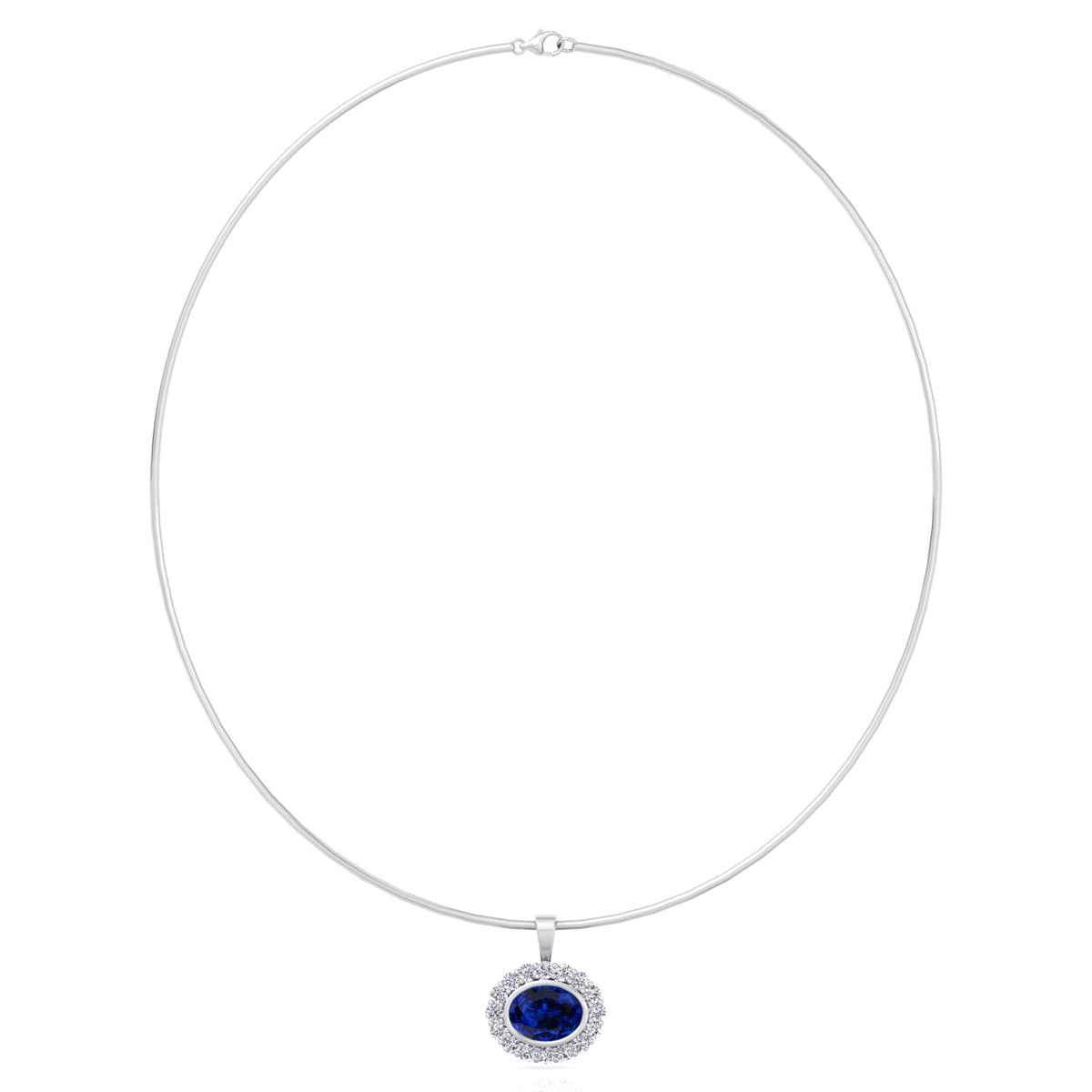 Oval Shape Natural Blue Sapphire and Diamond Halo Pendant in Omega Chain White Gold 14K 18K