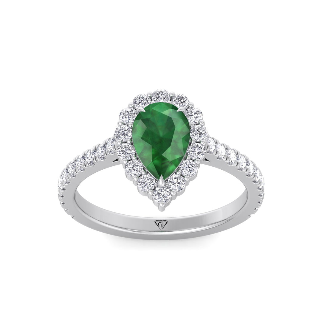 Natural Pear Shape Green Emerald Halo Engagement Ring With Pave Band